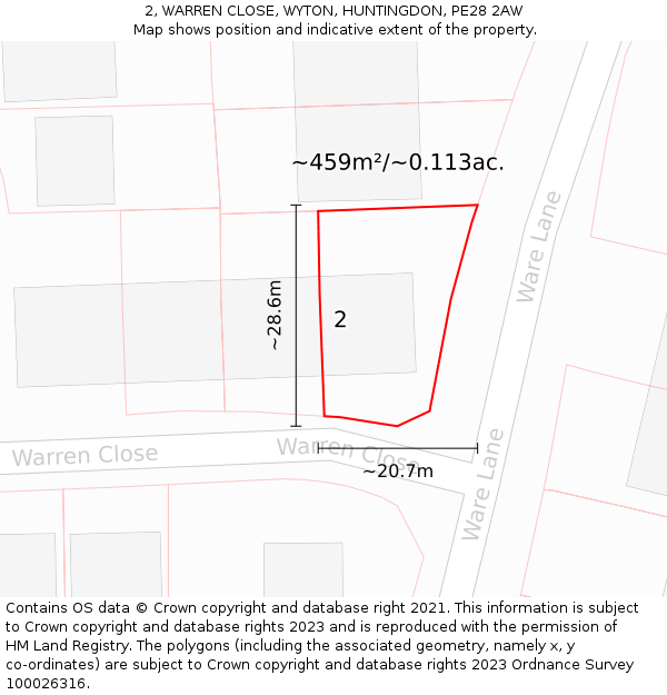 2, WARREN CLOSE, WYTON, HUNTINGDON, PE28 2AW: Plot and title map
