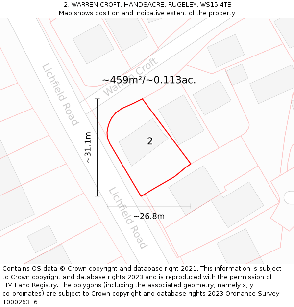 2, WARREN CROFT, HANDSACRE, RUGELEY, WS15 4TB: Plot and title map