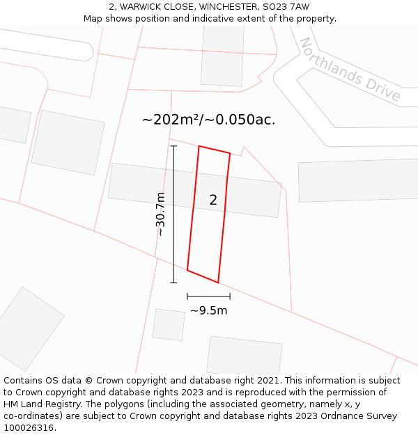 2, WARWICK CLOSE, WINCHESTER, SO23 7AW: Plot and title map