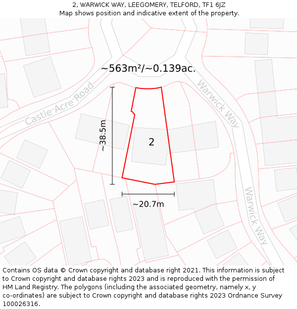 2, WARWICK WAY, LEEGOMERY, TELFORD, TF1 6JZ: Plot and title map