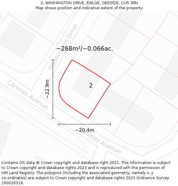 2, WASHINGTON DRIVE, EWLOE, DEESIDE, CH5 3RN: Plot and title map
