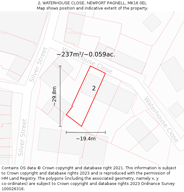 2, WATERHOUSE CLOSE, NEWPORT PAGNELL, MK16 0EL: Plot and title map