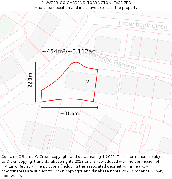 2, WATERLOO GARDENS, TORRINGTON, EX38 7ED: Plot and title map