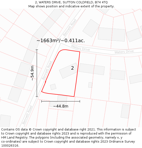 2, WATERS DRIVE, SUTTON COLDFIELD, B74 4TQ: Plot and title map