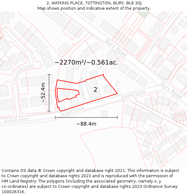 2, WATKINS PLACE, TOTTINGTON, BURY, BL8 3GJ: Plot and title map