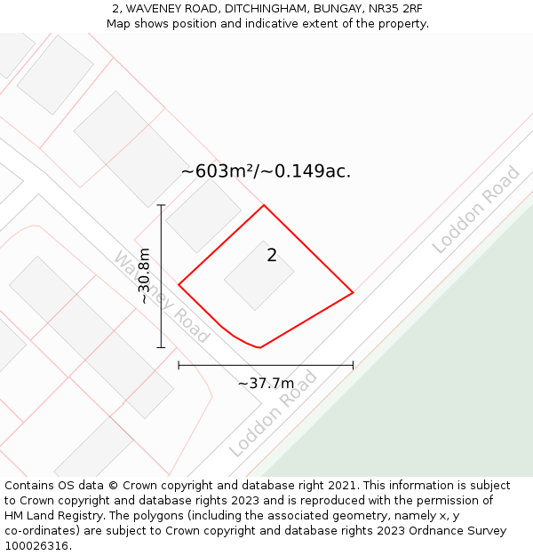 2, WAVENEY ROAD, DITCHINGHAM, BUNGAY, NR35 2RF: Plot and title map