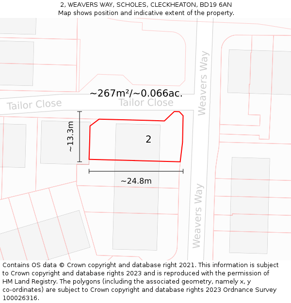 2, WEAVERS WAY, SCHOLES, CLECKHEATON, BD19 6AN: Plot and title map