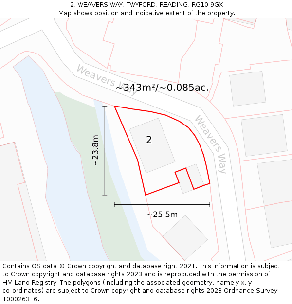 2, WEAVERS WAY, TWYFORD, READING, RG10 9GX: Plot and title map