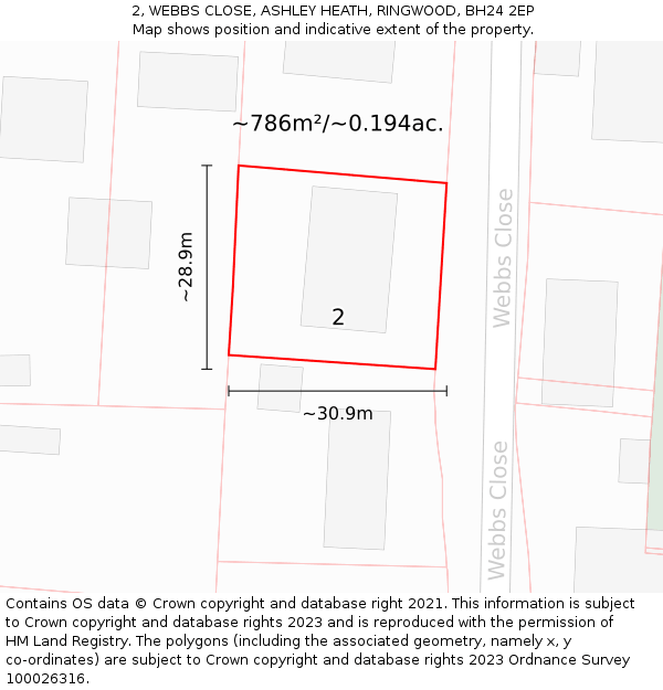 2, WEBBS CLOSE, ASHLEY HEATH, RINGWOOD, BH24 2EP: Plot and title map