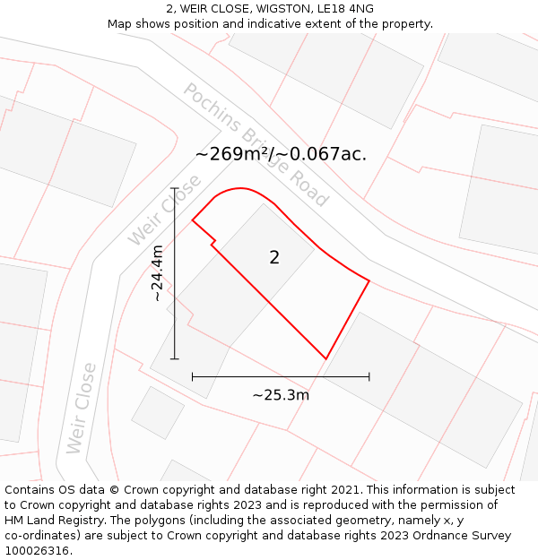 2, WEIR CLOSE, WIGSTON, LE18 4NG: Plot and title map
