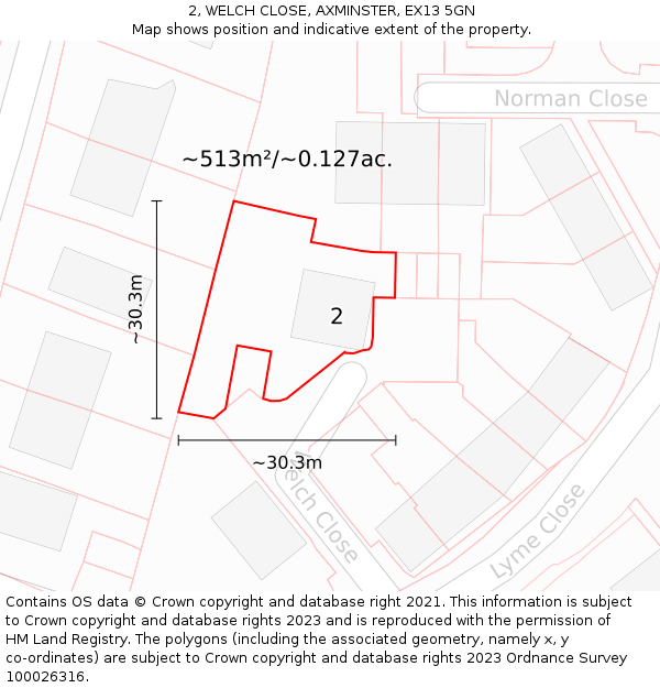 2, WELCH CLOSE, AXMINSTER, EX13 5GN: Plot and title map