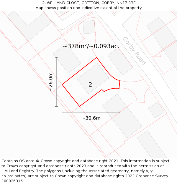 2, WELLAND CLOSE, GRETTON, CORBY, NN17 3BE: Plot and title map