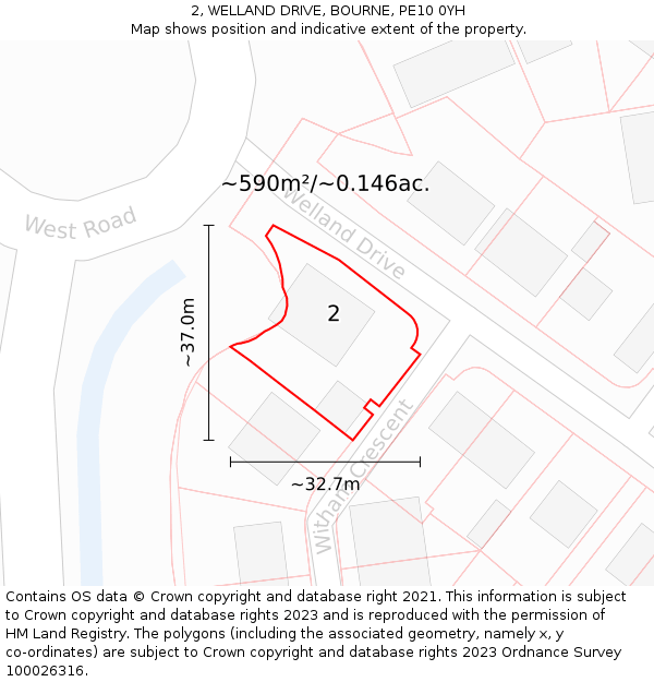 2, WELLAND DRIVE, BOURNE, PE10 0YH: Plot and title map