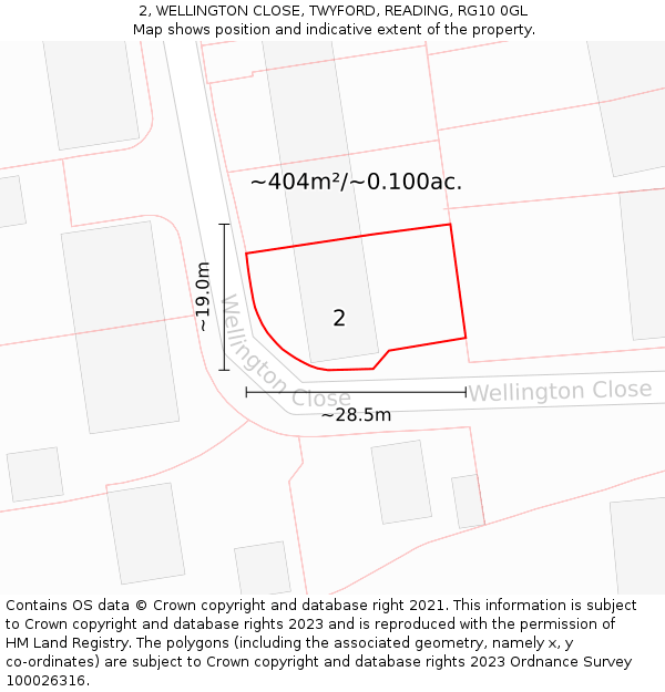 2, WELLINGTON CLOSE, TWYFORD, READING, RG10 0GL: Plot and title map