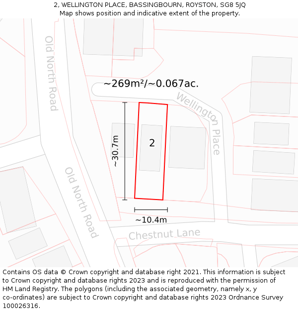 2, WELLINGTON PLACE, BASSINGBOURN, ROYSTON, SG8 5JQ: Plot and title map