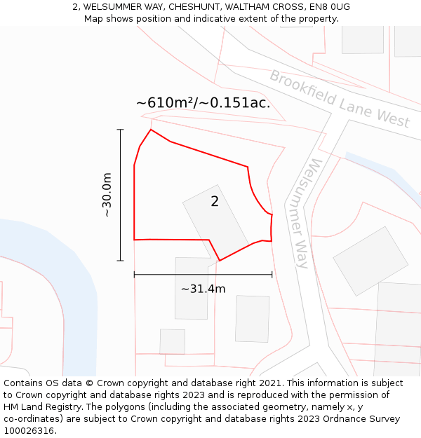 2, WELSUMMER WAY, CHESHUNT, WALTHAM CROSS, EN8 0UG: Plot and title map
