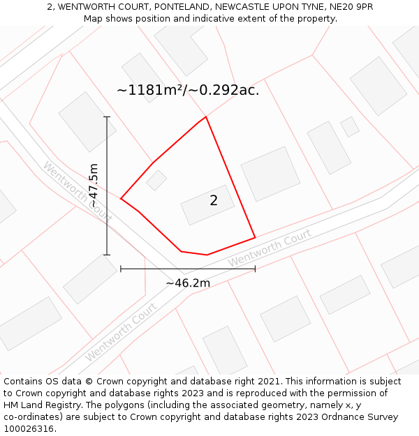 2, WENTWORTH COURT, PONTELAND, NEWCASTLE UPON TYNE, NE20 9PR: Plot and title map