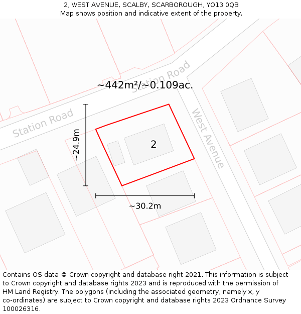 2, WEST AVENUE, SCALBY, SCARBOROUGH, YO13 0QB: Plot and title map