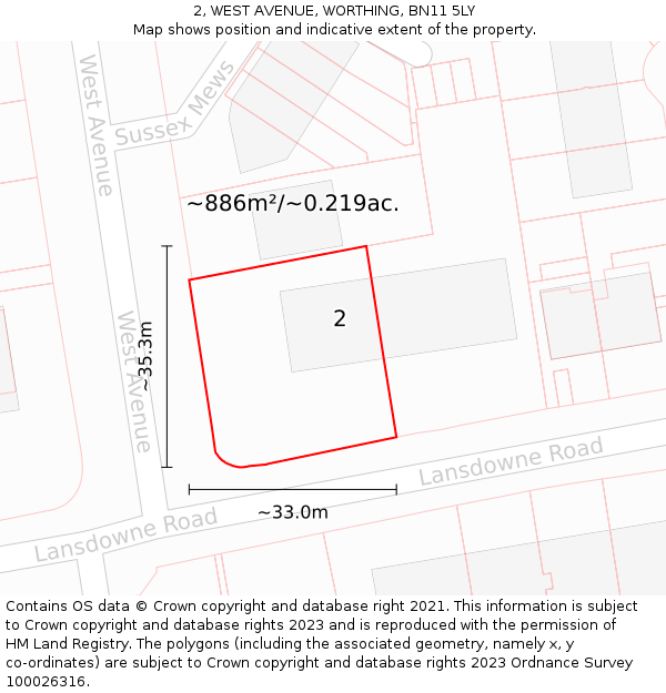 2, WEST AVENUE, WORTHING, BN11 5LY: Plot and title map