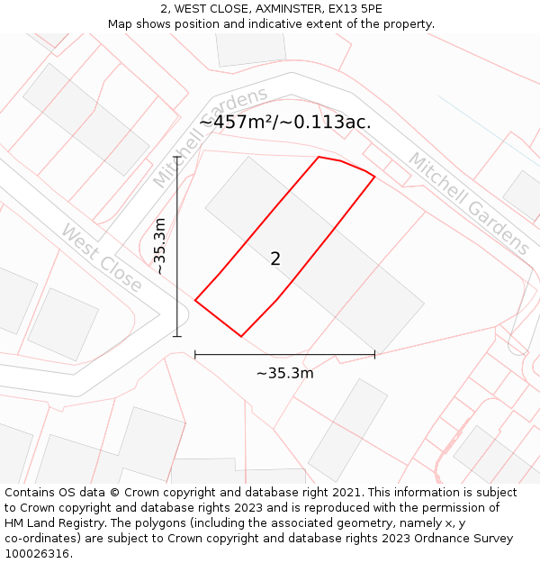 2, WEST CLOSE, AXMINSTER, EX13 5PE: Plot and title map