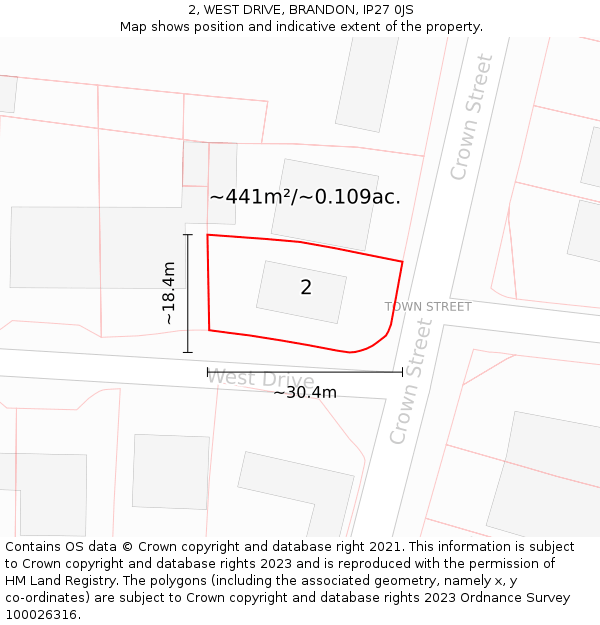 2, WEST DRIVE, BRANDON, IP27 0JS: Plot and title map