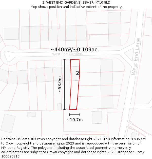 2, WEST END GARDENS, ESHER, KT10 8LD: Plot and title map