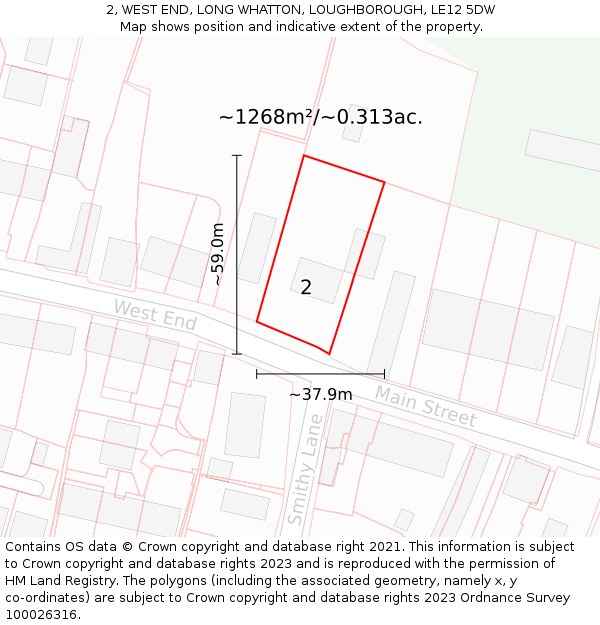 2, WEST END, LONG WHATTON, LOUGHBOROUGH, LE12 5DW: Plot and title map
