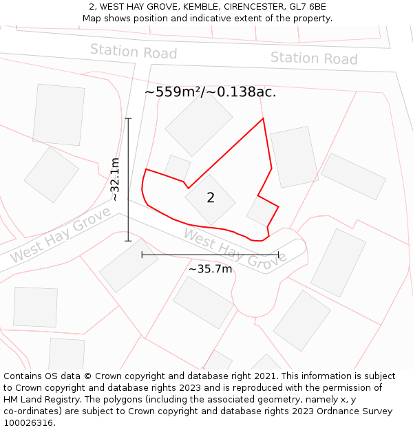 2, WEST HAY GROVE, KEMBLE, CIRENCESTER, GL7 6BE: Plot and title map