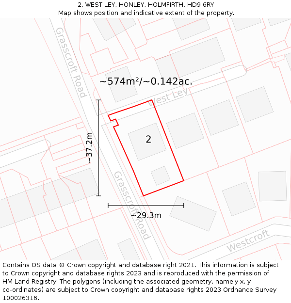 2, WEST LEY, HONLEY, HOLMFIRTH, HD9 6RY: Plot and title map
