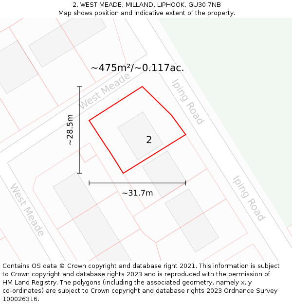 2, WEST MEADE, MILLAND, LIPHOOK, GU30 7NB: Plot and title map
