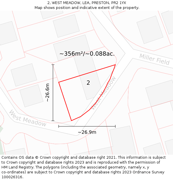 2, WEST MEADOW, LEA, PRESTON, PR2 1YX: Plot and title map