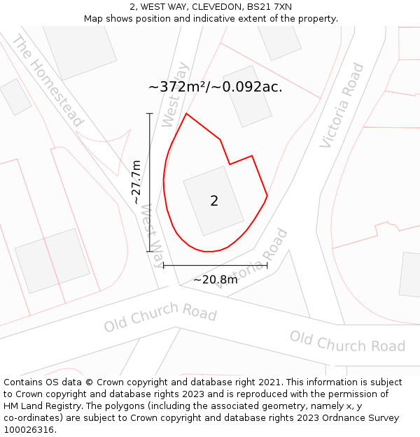 2, WEST WAY, CLEVEDON, BS21 7XN: Plot and title map