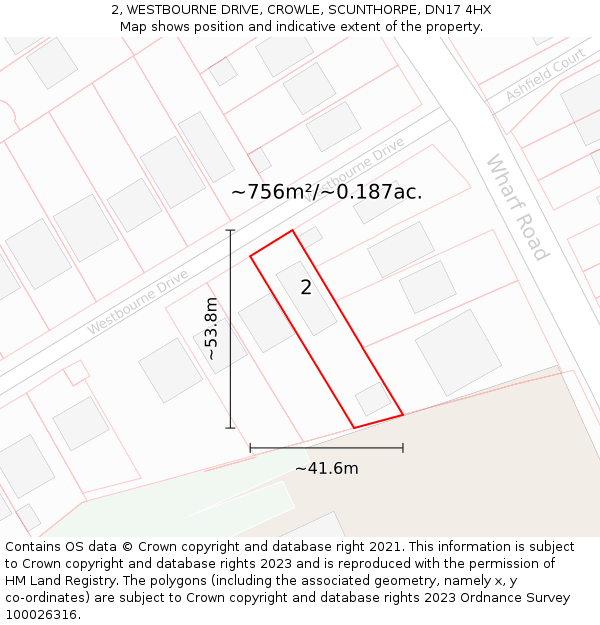 2, WESTBOURNE DRIVE, CROWLE, SCUNTHORPE, DN17 4HX: Plot and title map