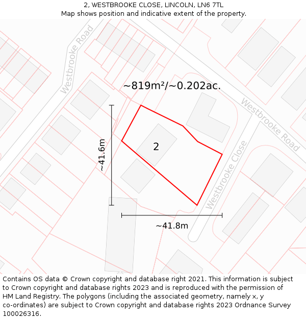2, WESTBROOKE CLOSE, LINCOLN, LN6 7TL: Plot and title map