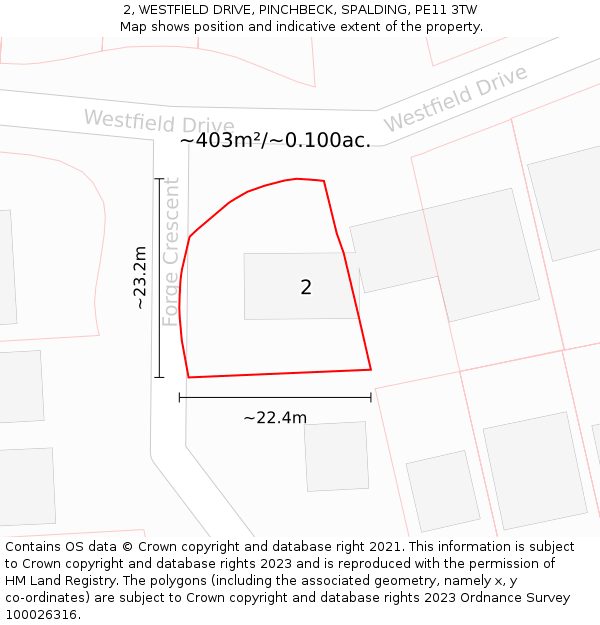 2, WESTFIELD DRIVE, PINCHBECK, SPALDING, PE11 3TW: Plot and title map