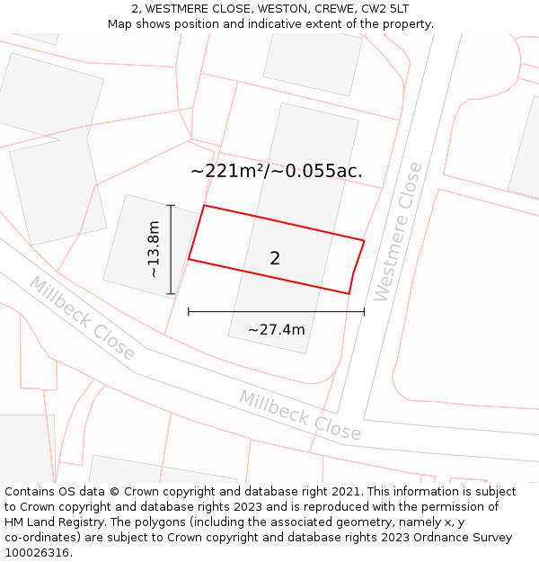 2, WESTMERE CLOSE, WESTON, CREWE, CW2 5LT: Plot and title map