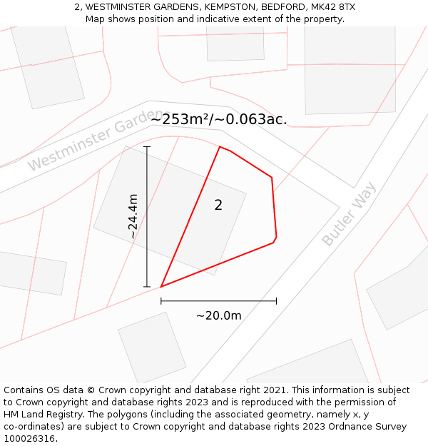 2, WESTMINSTER GARDENS, KEMPSTON, BEDFORD, MK42 8TX: Plot and title map