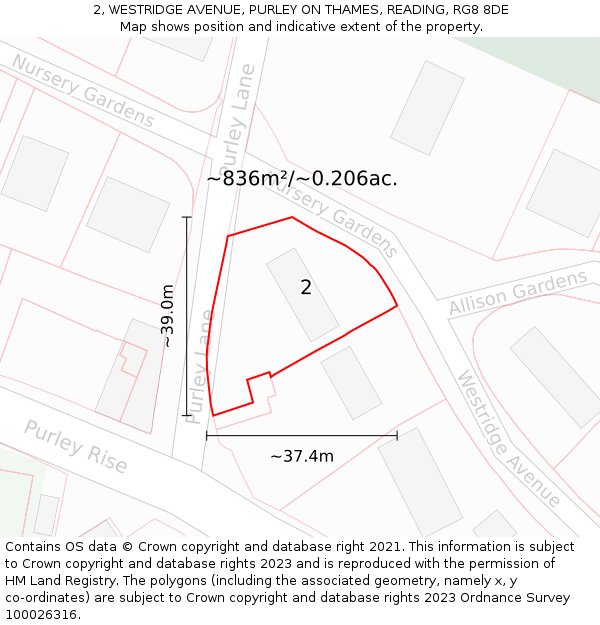 2, WESTRIDGE AVENUE, PURLEY ON THAMES, READING, RG8 8DE: Plot and title map