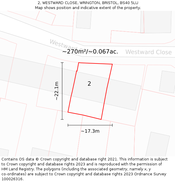 2, WESTWARD CLOSE, WRINGTON, BRISTOL, BS40 5LU: Plot and title map
