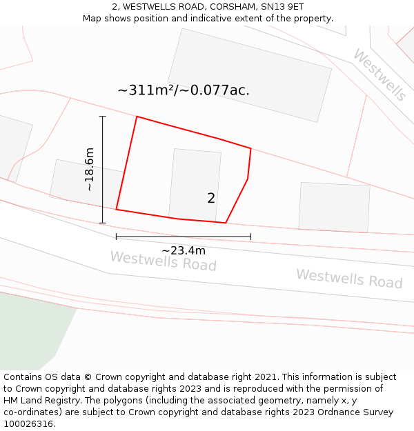 2, WESTWELLS ROAD, CORSHAM, SN13 9ET: Plot and title map