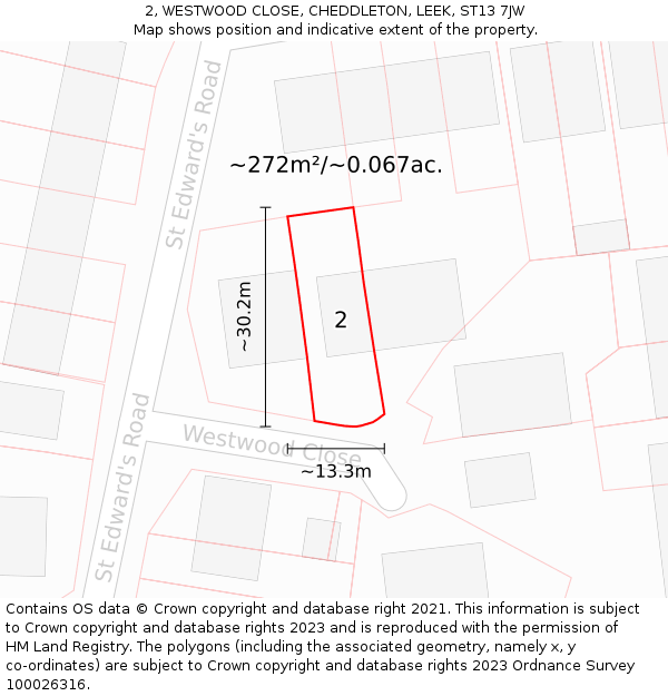 2, WESTWOOD CLOSE, CHEDDLETON, LEEK, ST13 7JW: Plot and title map