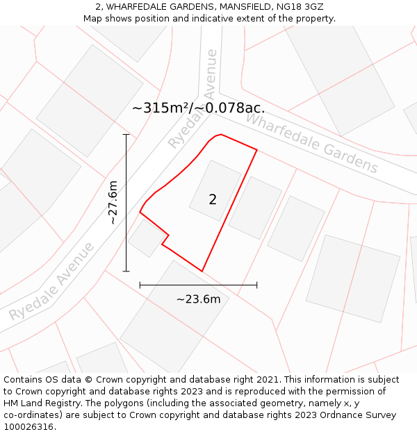 2, WHARFEDALE GARDENS, MANSFIELD, NG18 3GZ: Plot and title map