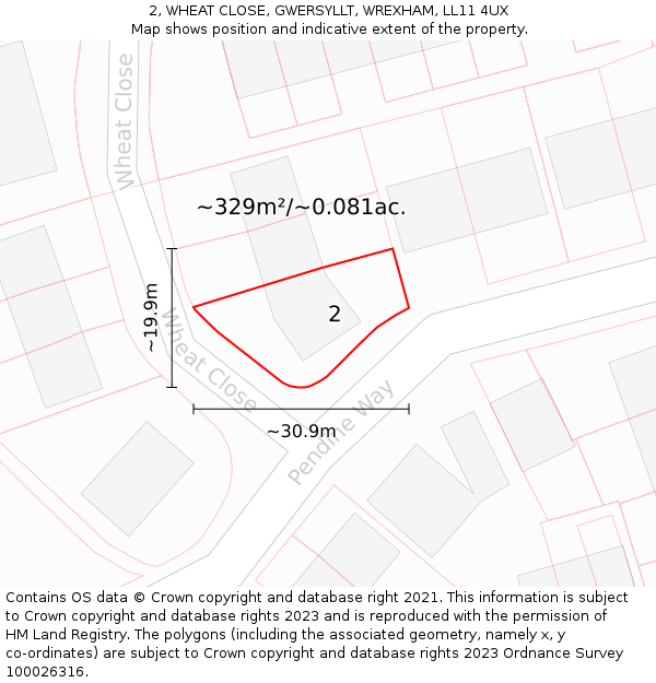 2, WHEAT CLOSE, GWERSYLLT, WREXHAM, LL11 4UX: Plot and title map