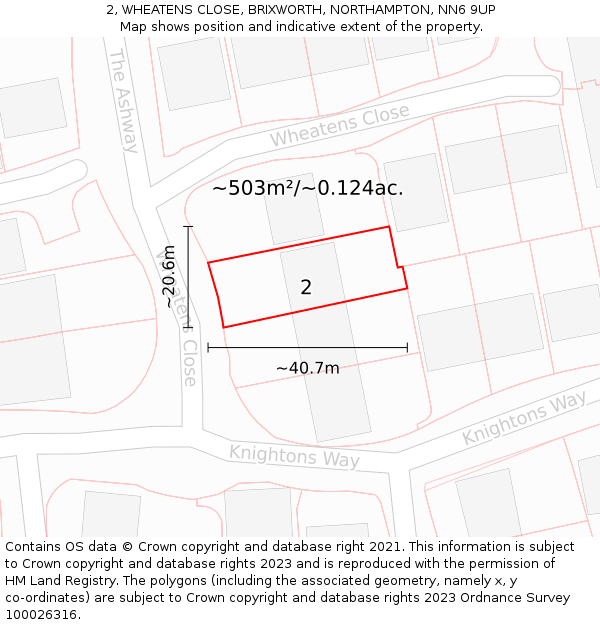 2, WHEATENS CLOSE, BRIXWORTH, NORTHAMPTON, NN6 9UP: Plot and title map