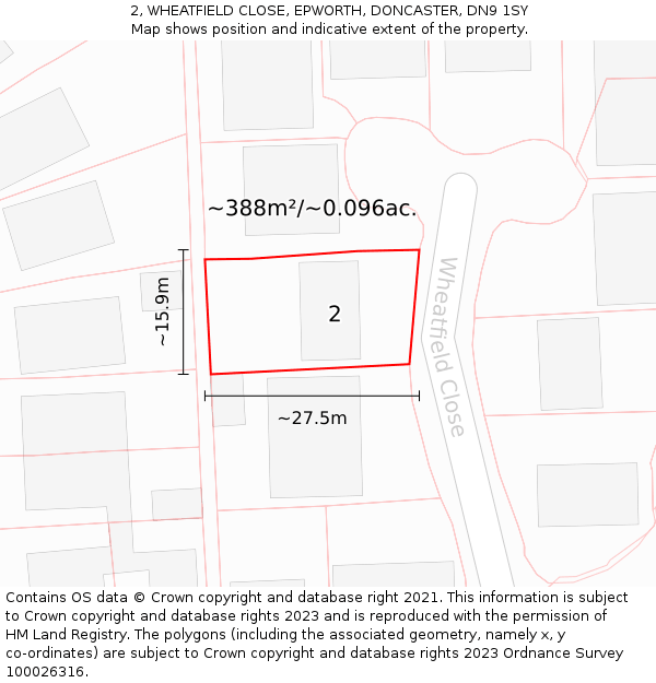 2, WHEATFIELD CLOSE, EPWORTH, DONCASTER, DN9 1SY: Plot and title map