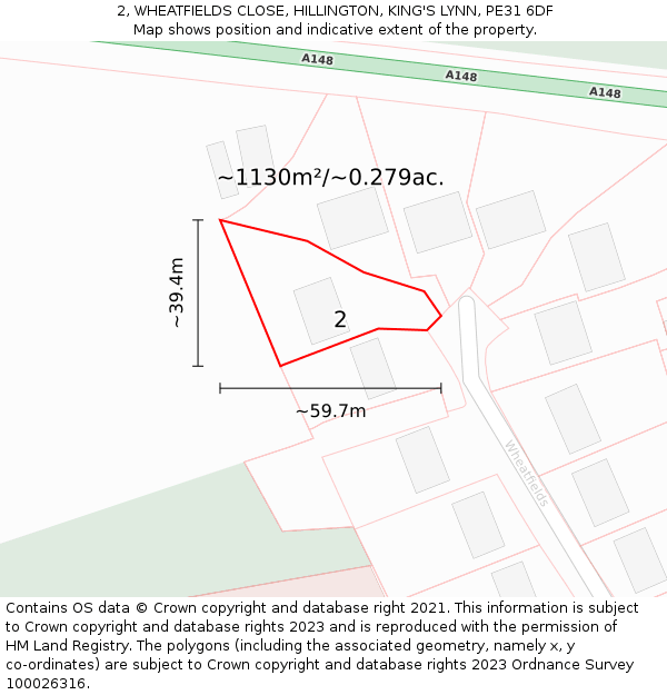 2, WHEATFIELDS CLOSE, HILLINGTON, KING'S LYNN, PE31 6DF: Plot and title map