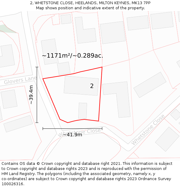 2, WHETSTONE CLOSE, HEELANDS, MILTON KEYNES, MK13 7PP: Plot and title map