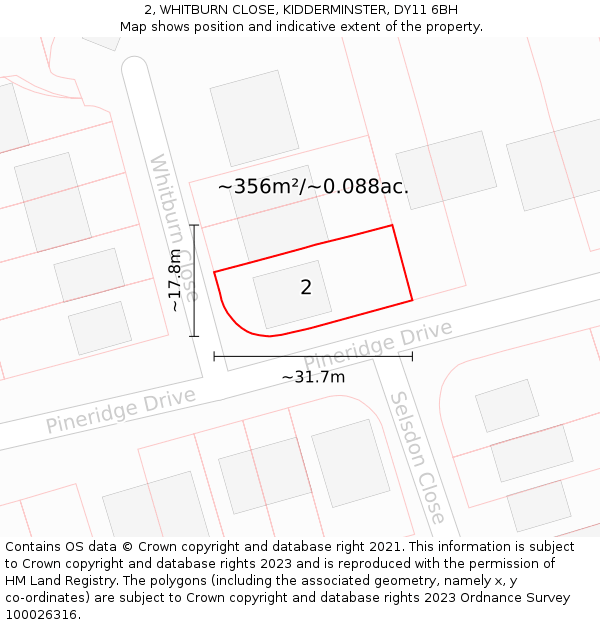 2, WHITBURN CLOSE, KIDDERMINSTER, DY11 6BH: Plot and title map