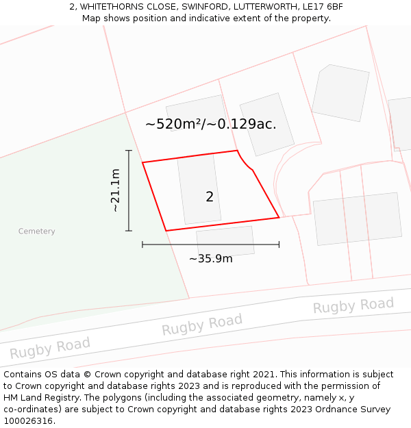 2, WHITETHORNS CLOSE, SWINFORD, LUTTERWORTH, LE17 6BF: Plot and title map