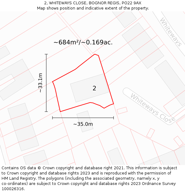 2, WHITEWAYS CLOSE, BOGNOR REGIS, PO22 9AX: Plot and title map